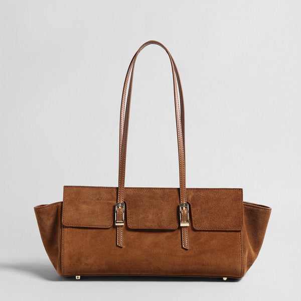 Suede Leather Winged Shoulder Bag – East-West Tote with Double Buckle Pockets-0