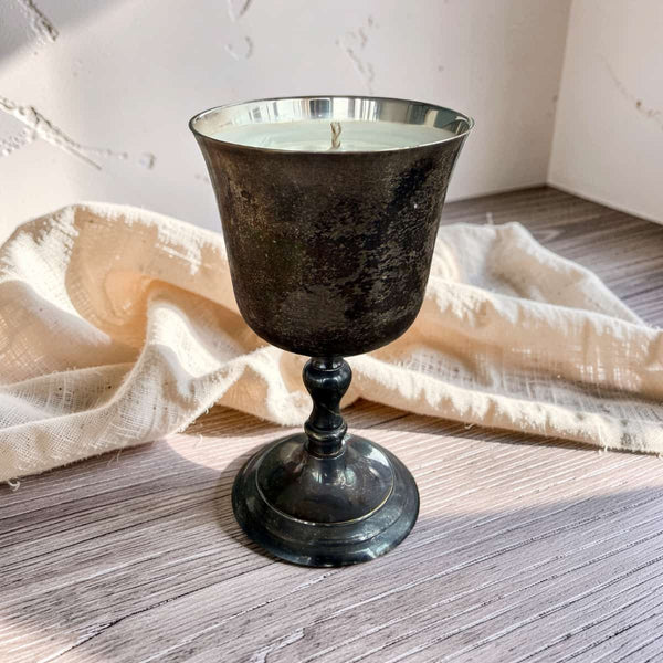 Repurposed Vintage Patinated Silver Goblet Candle - Soft Sandalwood-0
