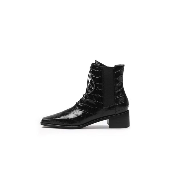 Textured Leather Lace Up Ankle Boots-0