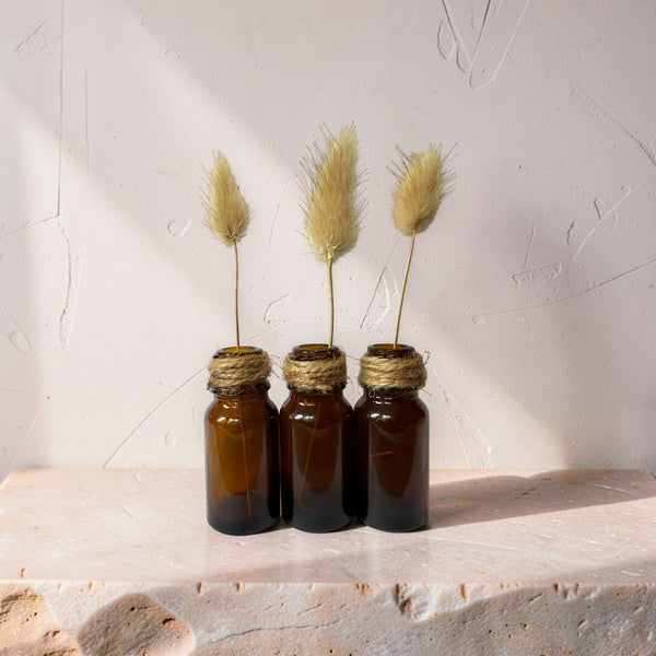 Mini Amber Glass Bud Vases | Set of 3 with Dried Bunny Tails-0