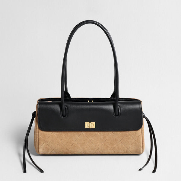 Two-Tone Quilted Suede & Leather Baguette Bag – Turn-Lock Flap with Double Top Handles-0