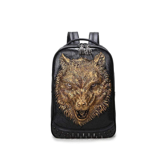 Unisex 3D Angry Wolf PU Leather Casual Laptop Rivet Fashion Backpack-0