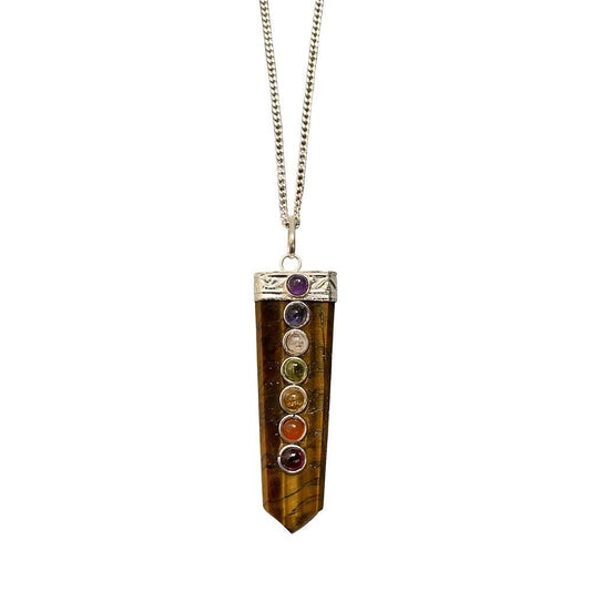 7 Chakra Flat Pendant, Silver Chain, 5x1.5cm