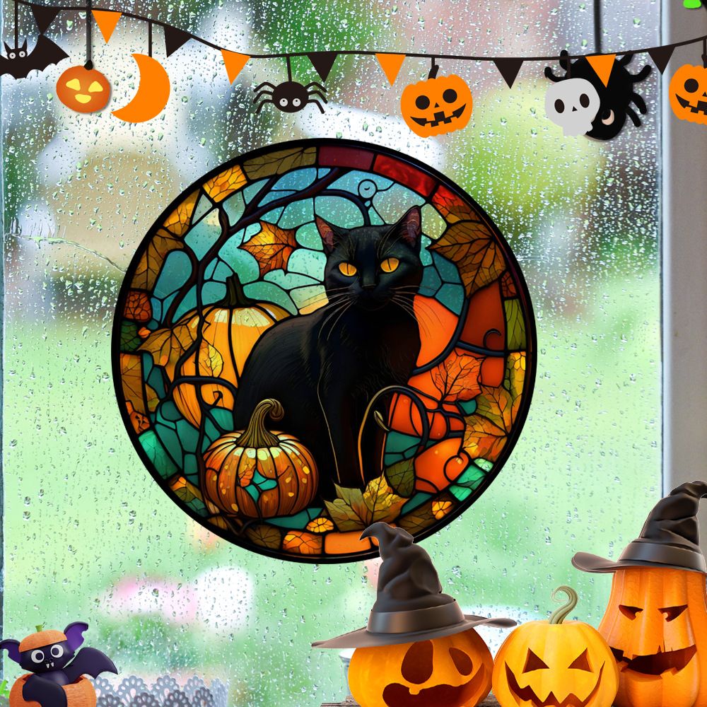 Halloween Stained Colorful Horror Castle Cat Static PVC Window Glass Stickers Glue Free Decorative Film Party Home Decoration