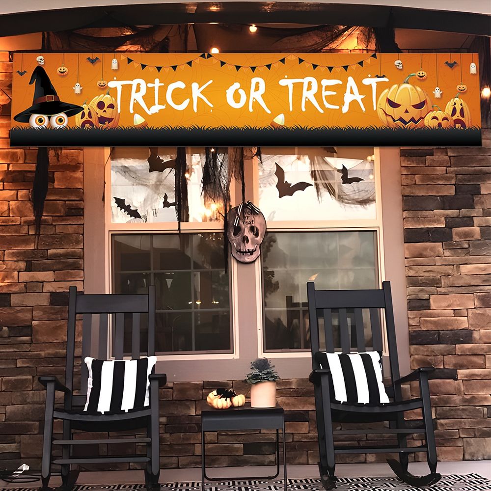 Halloween Trick Or Treat Banner Happy Halloween Decoration For Home Pumpkin Bat Ghost Print Backdrop Horror Party Suppiles