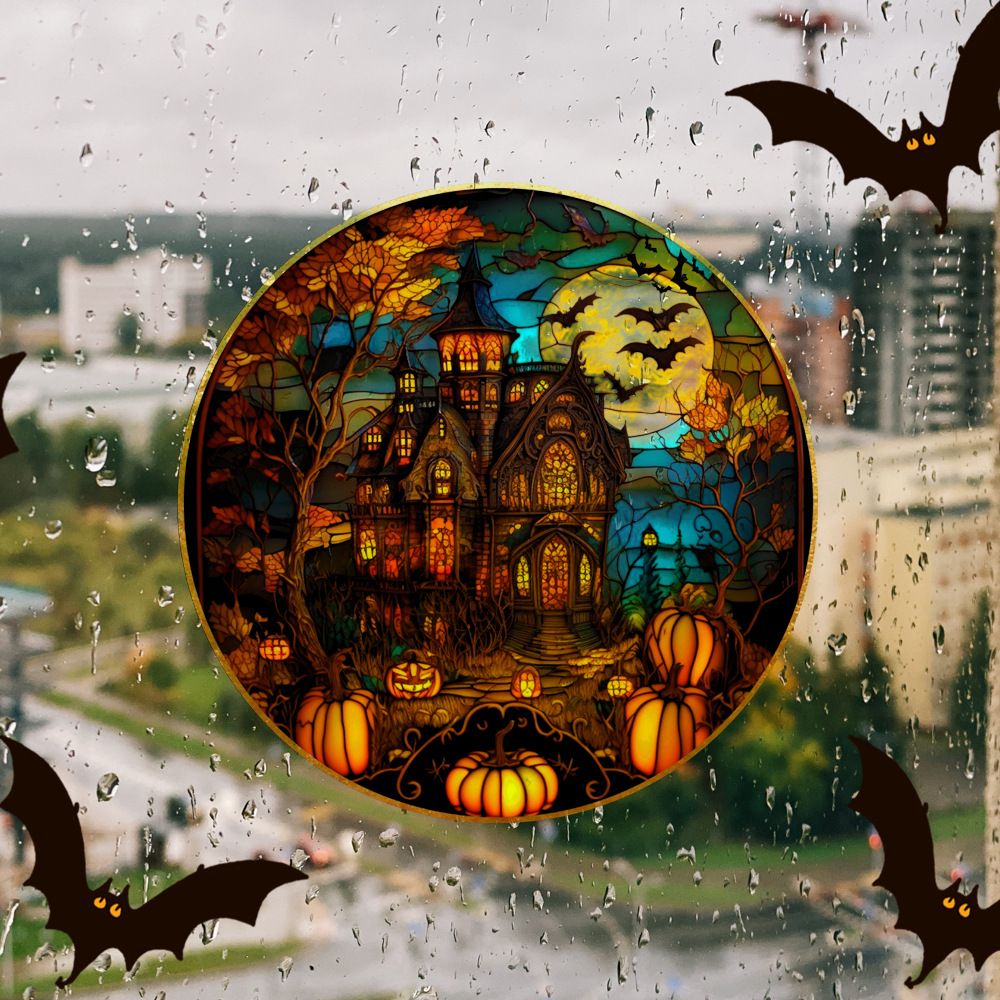 Halloween Stained Colorful Horror Castle Cat Static PVC Window Glass Stickers Glue Free Decorative Film Party Home Decoration