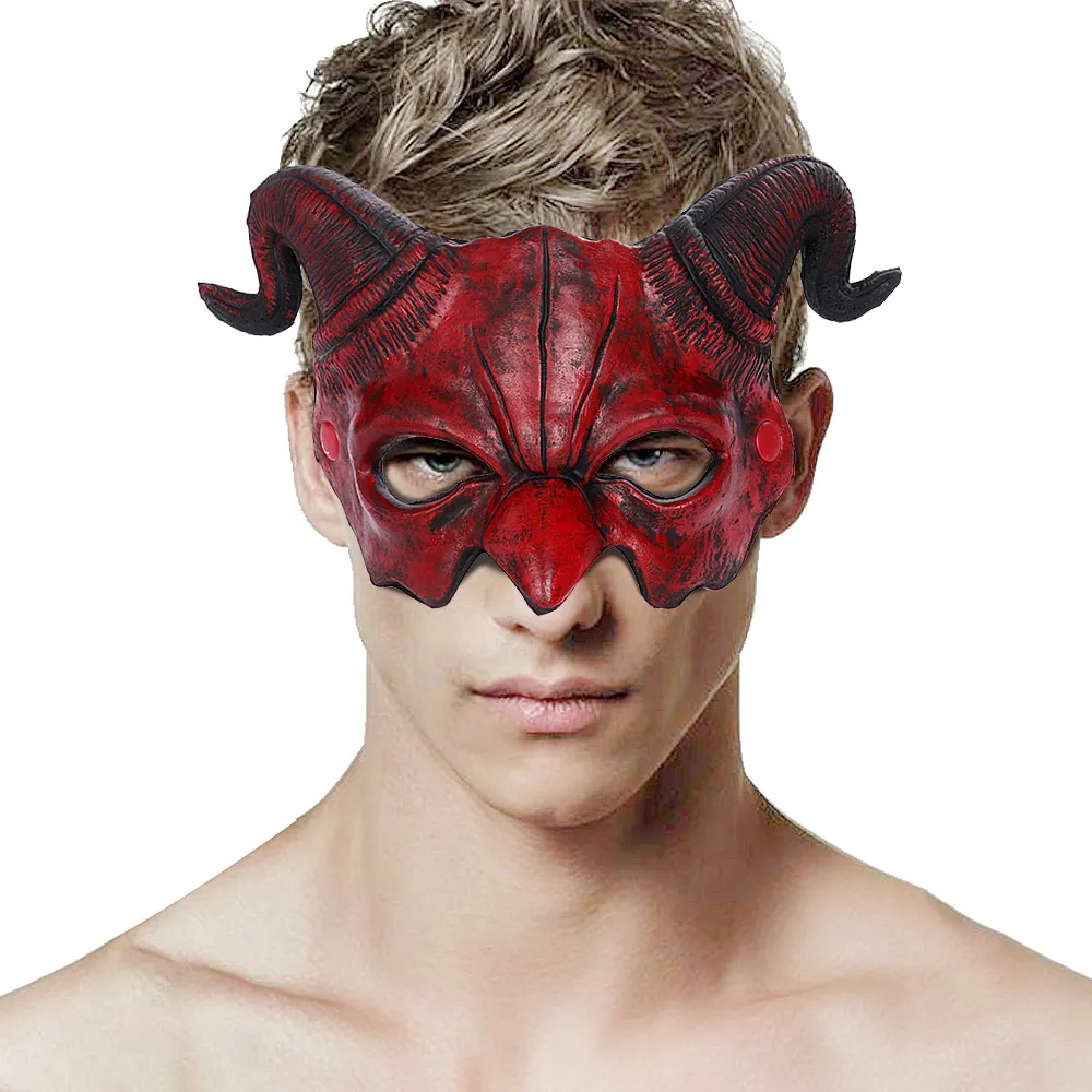 Halloween Demon Mask Horns Devil Half Face Mask Party Cosplay Horror Monster Masquerade Scary Haunted House Props PU Mask Decor