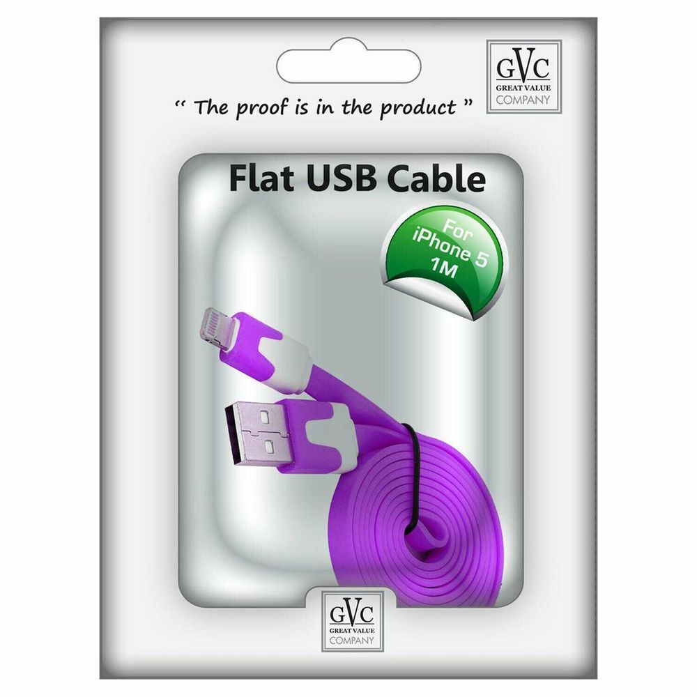 GVC 1 Metre Tangle Free Flat USB to 8 Pin Cable for Syncing & Charging, Purple