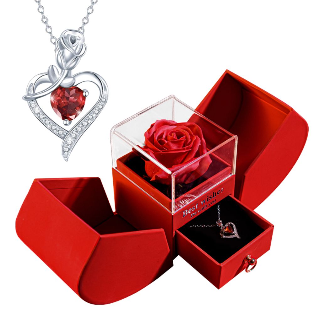 Gift for Women Eternal Rose Gift Box /w Heart Necklace I Love You To The Moon and Back Flower Jewelry Box for Valentine Wedding