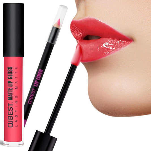 Qibest Double Pack Matt Liquid Lip Gloss and Lip Pencil Liner Kit, Bright Pink