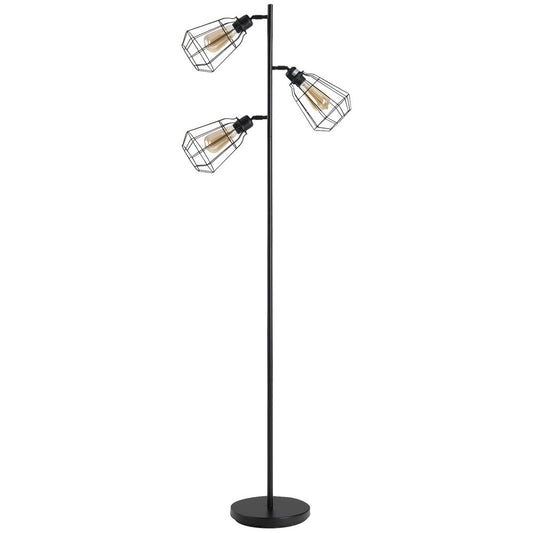 Industrial Steel Birdcage Floor Lamp w/ 3 Lights Round Base Switch Black