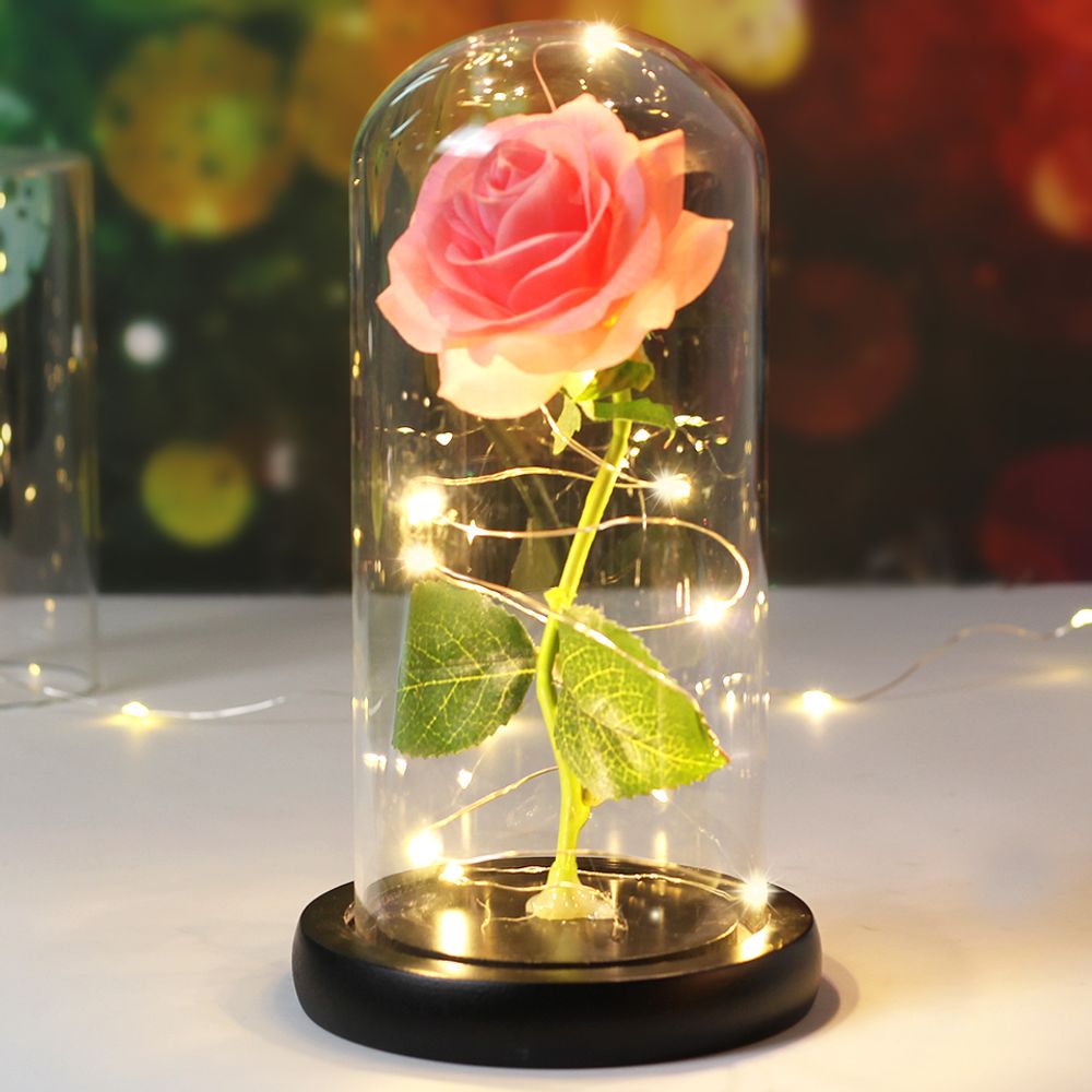 Enchanted Beauty And The Beast Rose Flower with Black Base LED Light In Glass Dome Valentine Christmas Gift Wedding Home Decor