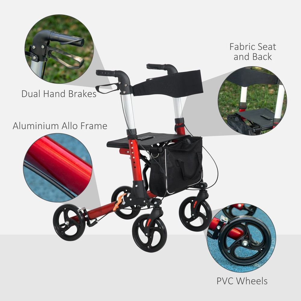 HOMCOM Folding Rollator Walker w/ Seat Storage Bag Adjustable Handle for Seniors