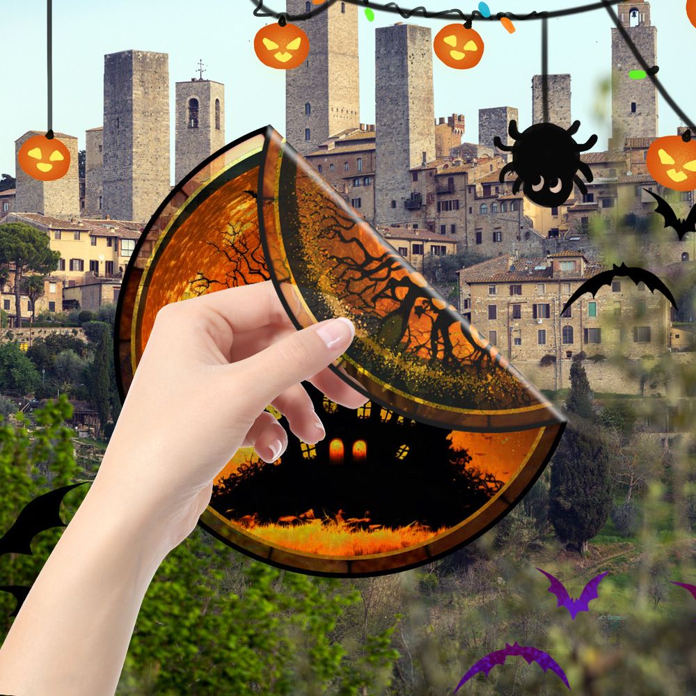 Halloween Stained Colorful Horror Castle Cat Static PVC Window Glass Stickers Glue Free Decorative Film Party Home Decoration