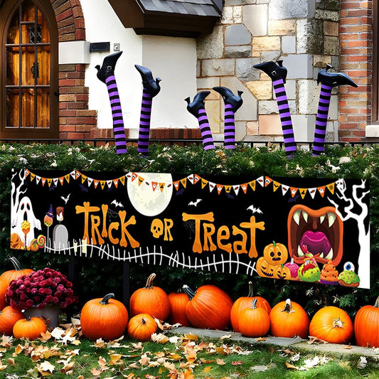 Halloween Trick Or Treat Banner Happy Halloween Decoration For Home Pumpkin Bat Ghost Print Backdrop Horror Party Suppiles