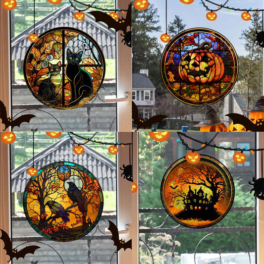 Halloween PVC Static Glass Stickers Scary Castle Cat Glass Stickers Non Adhesive Removable Party Home Decorations