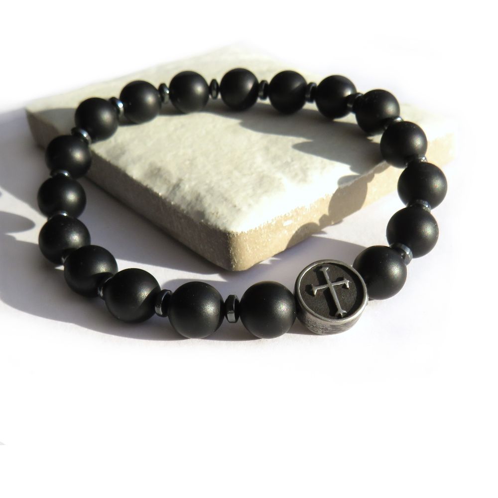 Men's Black Agate & Cross Bracelet