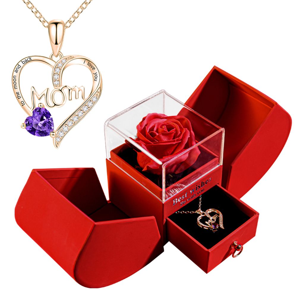 Gift for Women Eternal Rose Gift Box /w Heart Necklace I Love You To The Moon and Back Flower Jewelry Box for Valentine Wedding