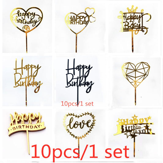 10pcs/set Love Happy Birthday Cake Toppers Gold Acrylic Kids Birhday Cake Topper for wedding Party Cake Decorations Baby Shower