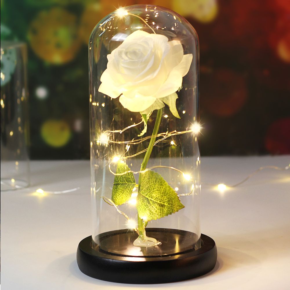 Enchanted Beauty And The Beast Rose Flower with Black Base LED Light In Glass Dome Valentine Christmas Gift Wedding Home Decor