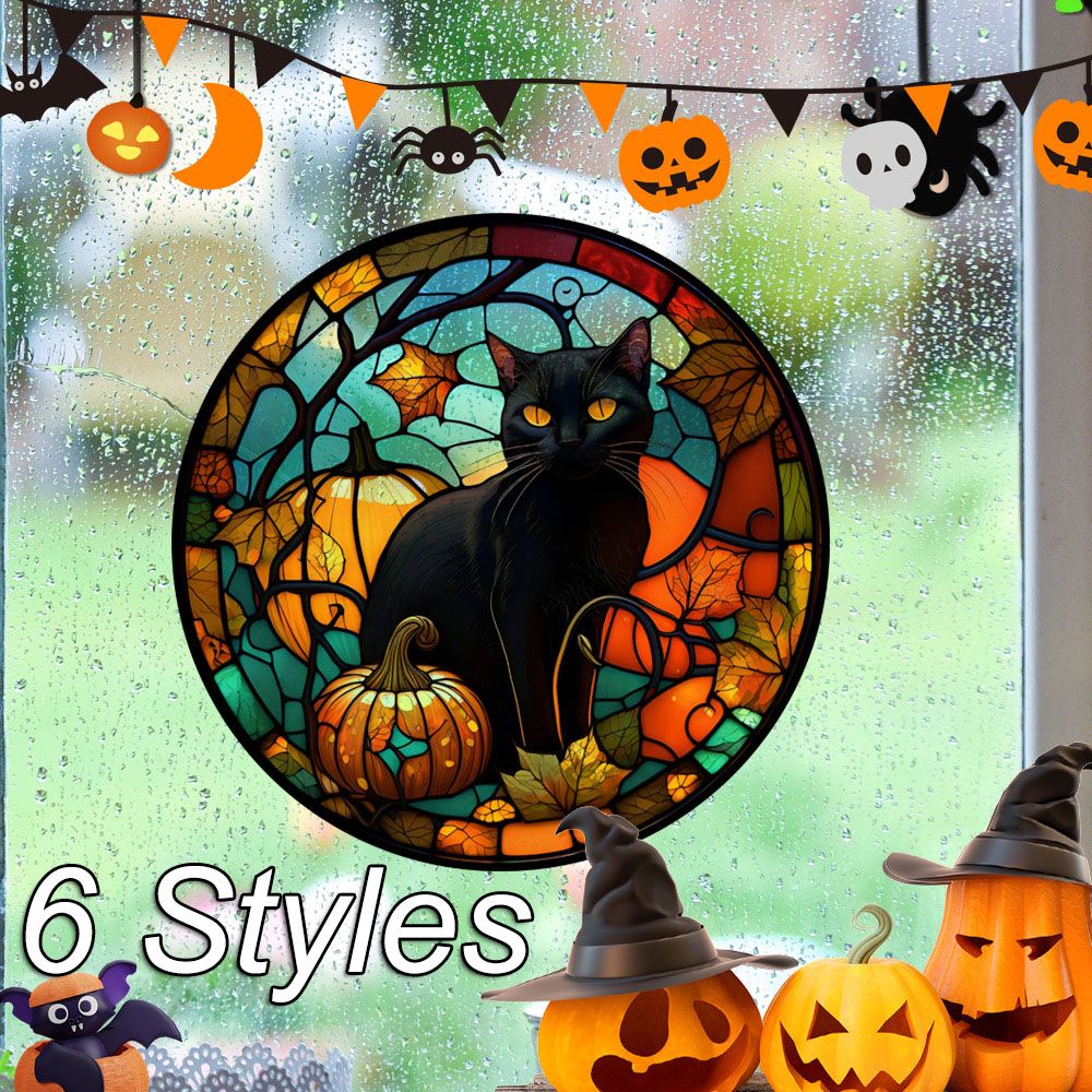 Halloween Stained Colorful Horror Castle Cat Static PVC Window Glass Stickers Glue Free Decorative Film Party Home Decoration