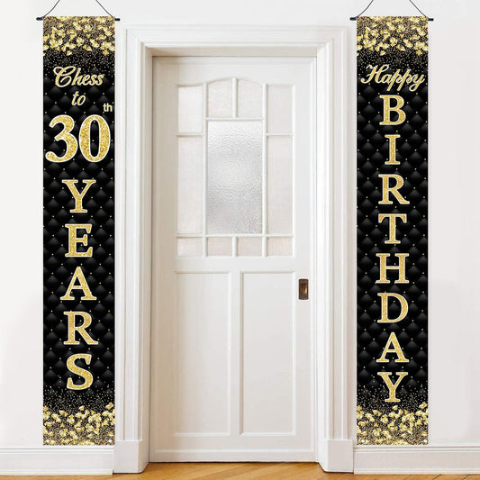 Black Golden Birthday Door Curtain Backdrop 30 40 50 Happy Birthday 30 40 50 Years Happy Birthday Party Decoration For Home