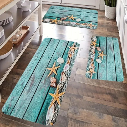 1 kitchen starfish print carpet, non-slip machine washable flannel floor mat, door, bathroom, hallway, indoor and outdoor