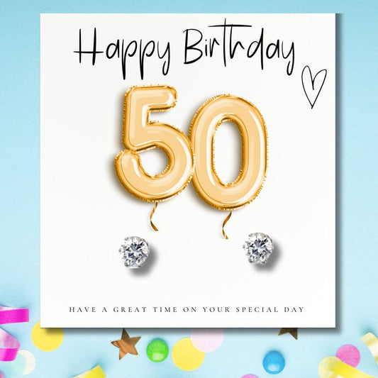 50th Birthday Gold Balloons - Earrings & Message Card