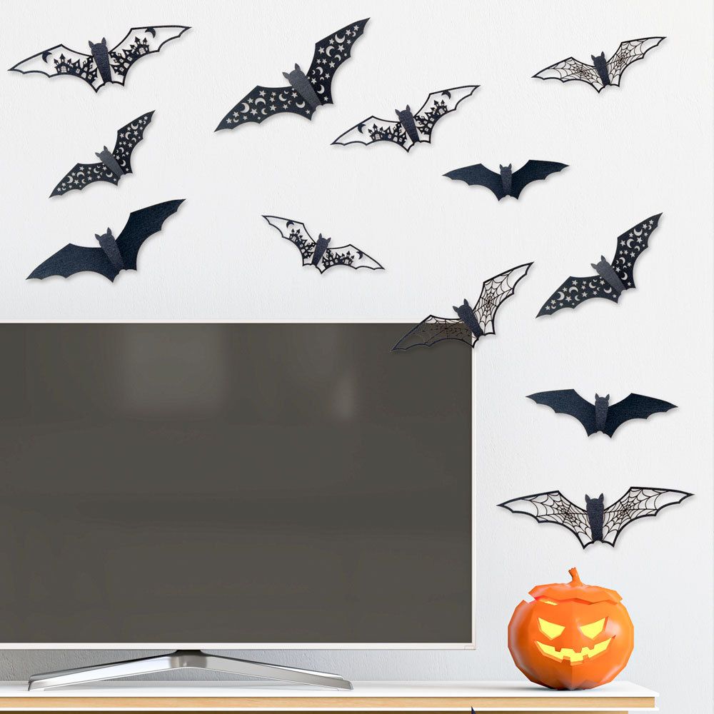 New 12Pcs Halloween 3D Hollow Bat Wall Stickers Black Bat Sticker Room Decor Party DIY Decals Halloween Horror Bats Removable