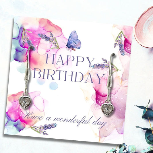 Happy Birthday Heart Earrings & Lavender Butterfly Message Card