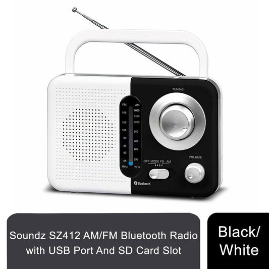 Soundz SZ412 AM/FM Bluetooth Radio with USB Port And SD Card Slot, Black/White