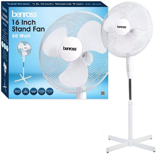 Benross 16 inch 3-Speed Stand Fan Oscillating and Tilting Head White