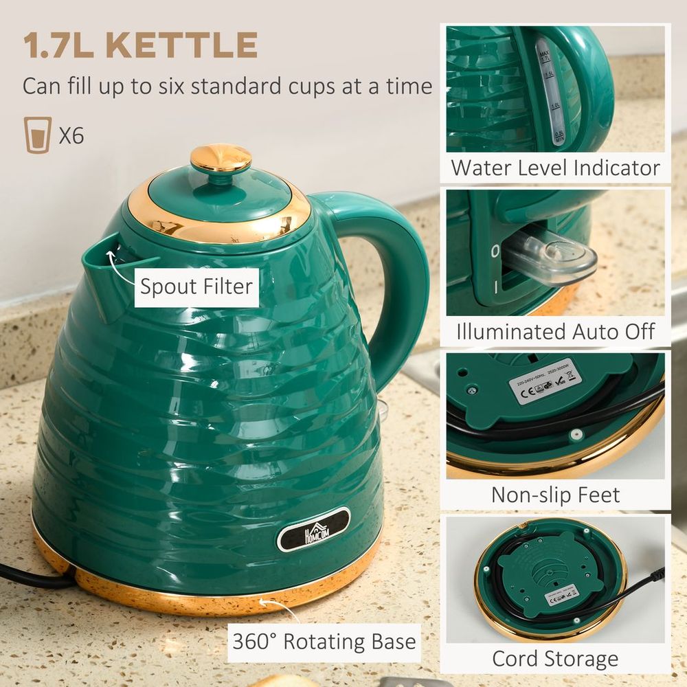 HOMCOM Kettle and Toaster Set 1.7L Rapid Boil Kettle & 4 Slice Toaster Green