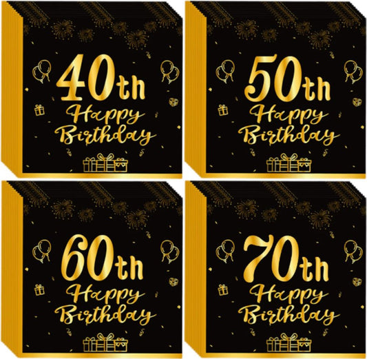 20Pcs Happy 40th 50th 60th 70th Birthday Paper Napkins Black Gold Happy Birthday Napkins Birthday Decorations Paper Tissues