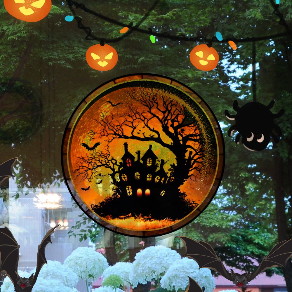 Halloween Stained Colorful Horror Castle Cat Static PVC Window Glass Stickers Glue Free Decorative Film Party Home Decoration