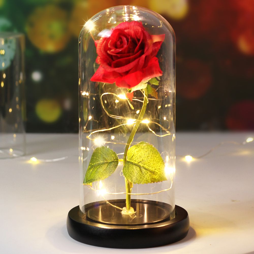 Enchanted Beauty And The Beast Rose Flower with Black Base LED Light In Glass Dome Valentine Christmas Gift Wedding Home Decor