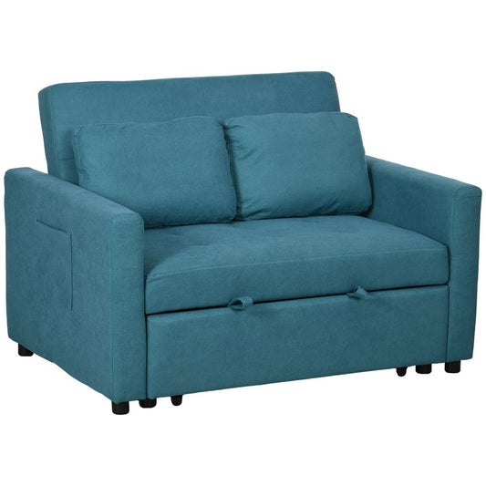 HOMCOM 2 Seater Sofa Bed Convertible Bed Settee with Cushions, Pockets, Blue