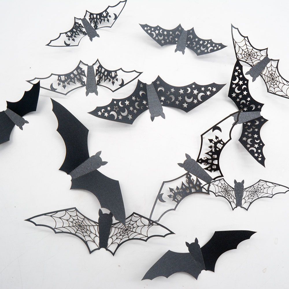 New 12Pcs Halloween 3D Hollow Bat Wall Stickers Black Bat Sticker Room Decor Party DIY Decals Halloween Horror Bats Removable