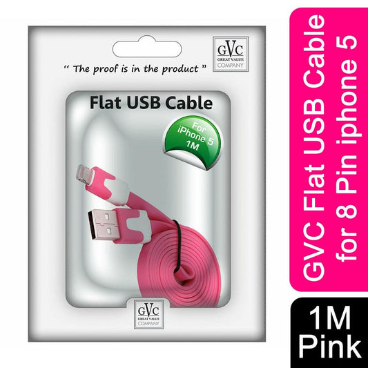 GVC 1 Metre Tangle Free Flat USB to 8 Pin Cable for Syncing & Charging, Pink