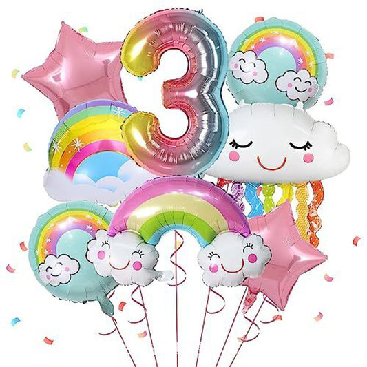 Girl's 3rd birthday balloon, 8 pieces of 3rd birthday decorations, rainbow clouds, birthday party baby shower supplies