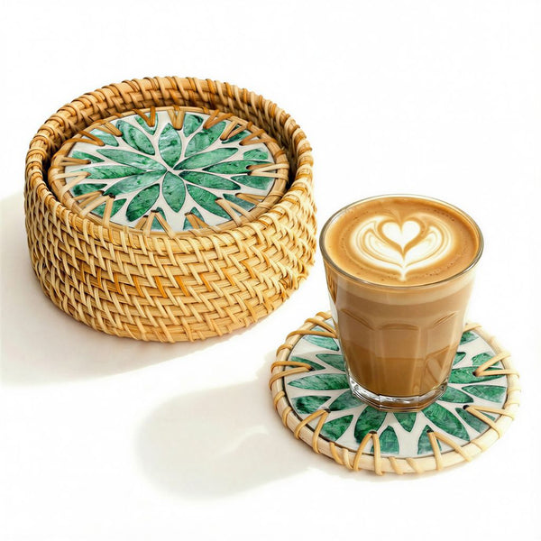 Handmade Natural Rattan & Mother of Pearl Coaster Set (6 Piece + Holder) • Everglade-0
