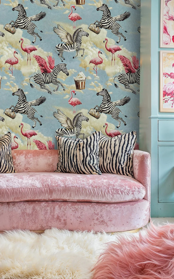 Whimsical Flying Zebras and Flamingos Wallpaper-0