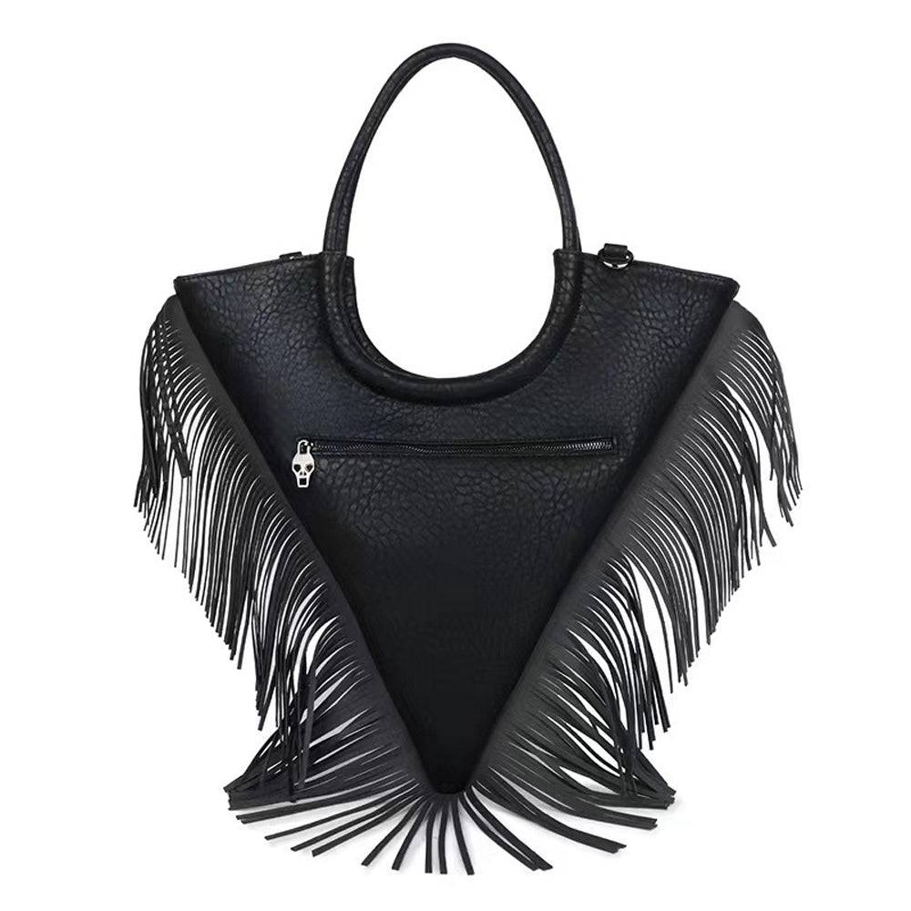 Fashion Punk Bags Women Skull Tote Bag Rivet Studded Trangle Bag Fringe Tote Bag Large-1