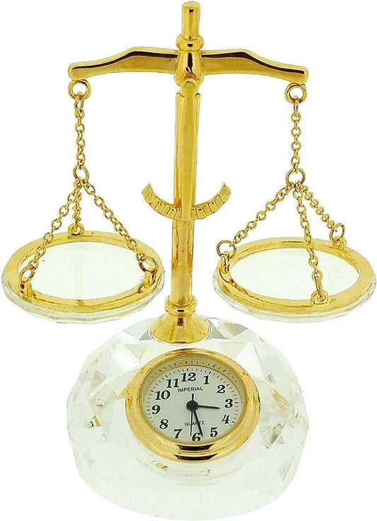 Miniature Clock Gold Plated Alloy & Crystal Balance Scales IMP513 - CLEARANCE