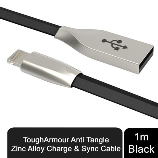 ToughArmour Anti Tangle Zinc Alloy Charge & Sync Cable for Iphone 1m Black