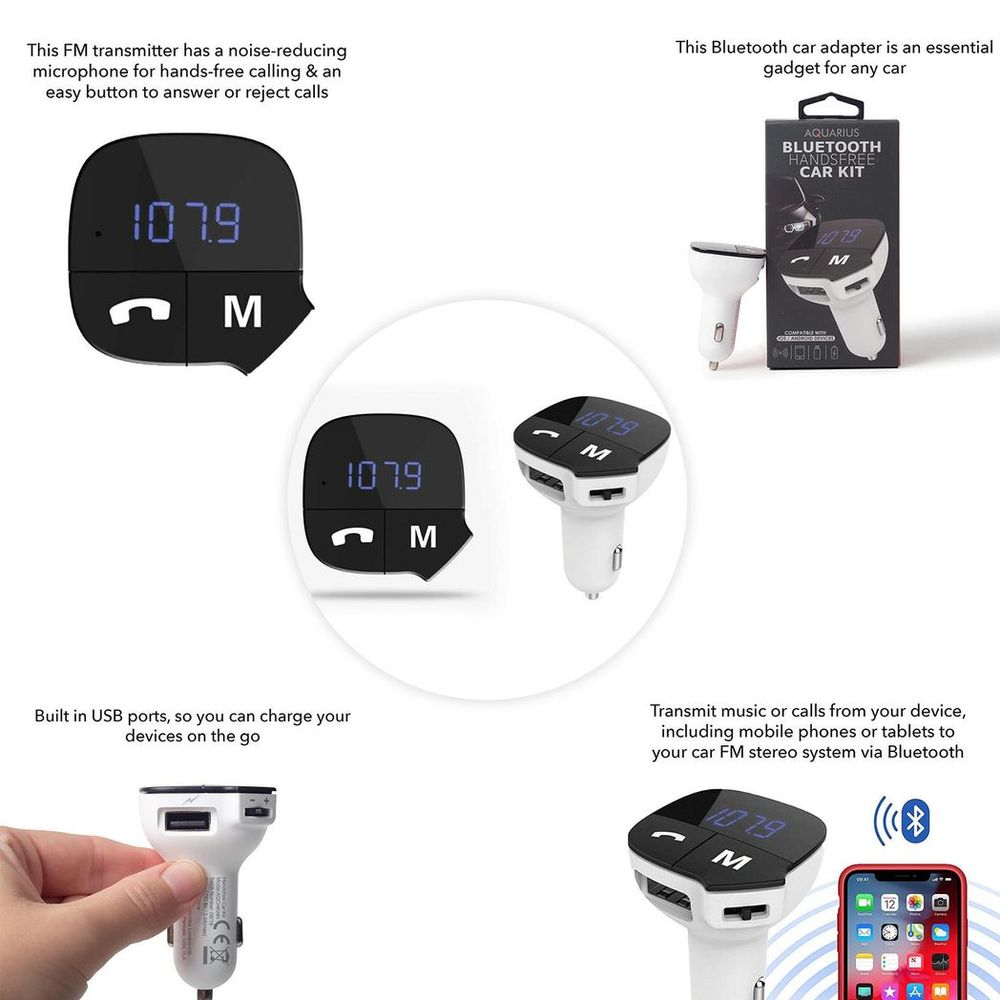 Aquarius Bluetooth Car Adapter FM Transmitter Hands-free Calling Car Kit, White