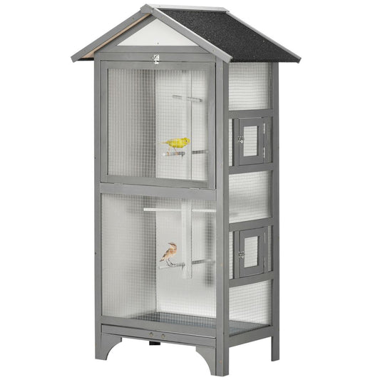 Wooden Bird Aviary for Finch, Canary w/ Removable Tray, Asphalt Roof - Grey - Memoriex