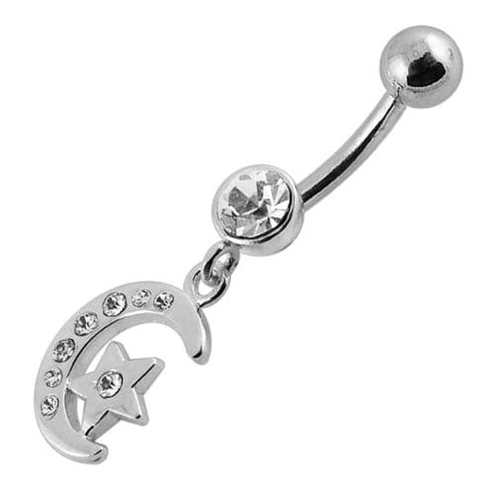 Jeweled Star Moon Fancy Silver Dangling SS Bananna Bar Belly Ring