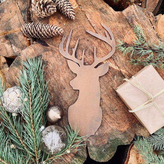 Rustic Rusty STAGS HEAD Metal Christmas Decoration