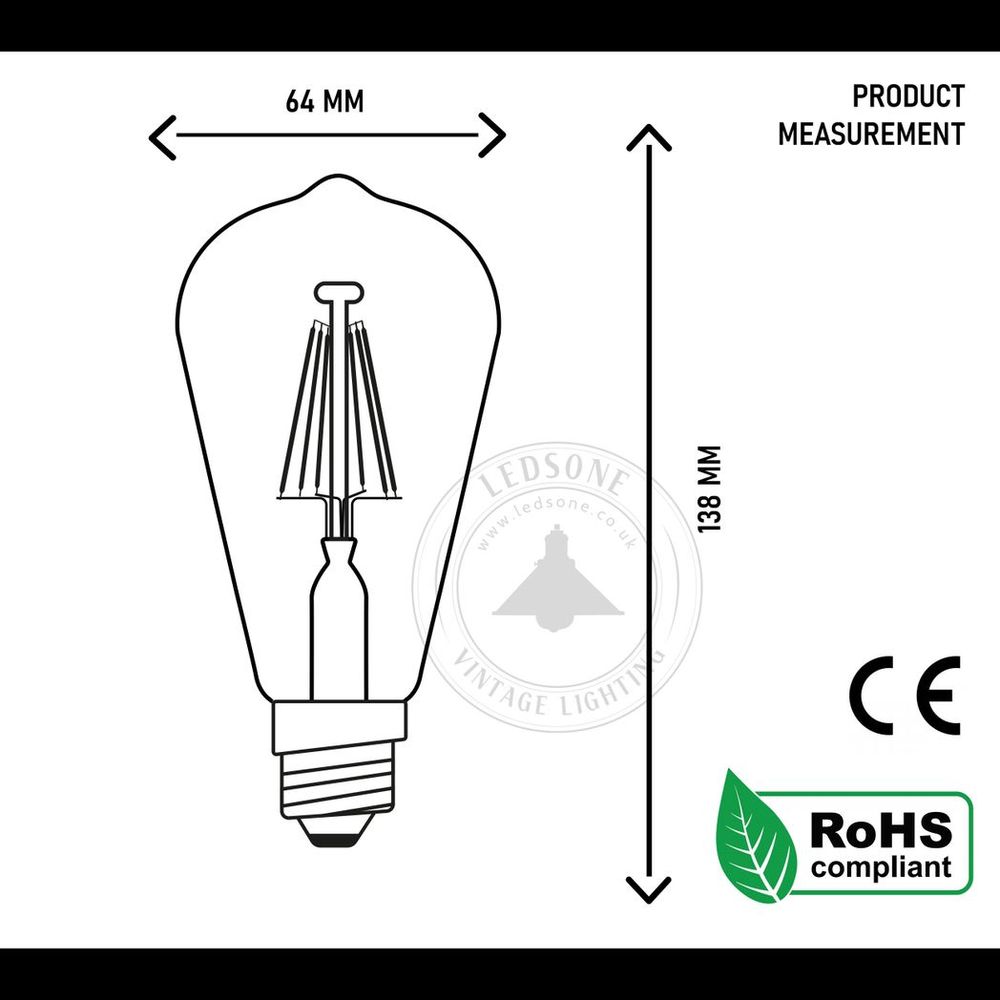 10Pack E27 LED Edison Dimmable Vintage Amber Glass Warm white 2700K Light Bulb